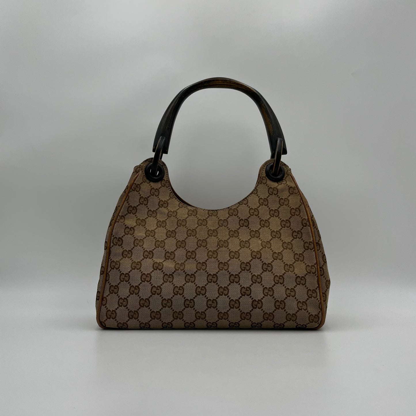 Gucci Brown Monogram Canvas Wood Handle Hobo Bag
