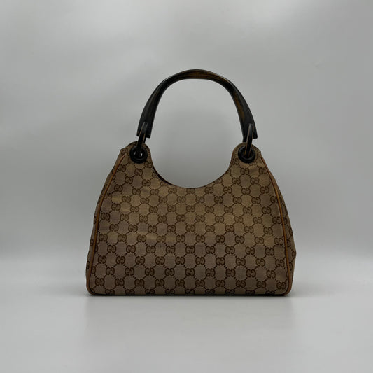 Gucci Brown Monogram Canvas Wood Handle Hobo Bag
