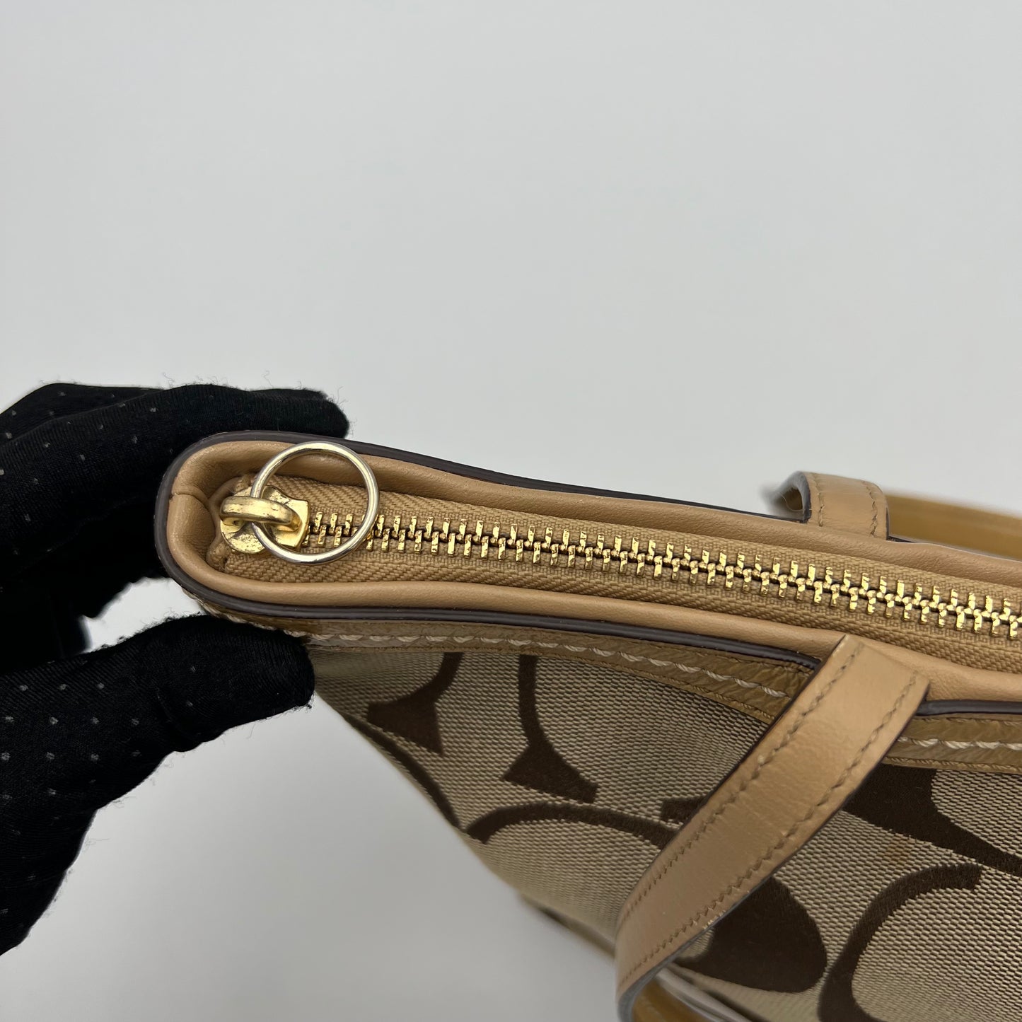 Coach Signature Canvas Khaki Stripe Small Zip Tote