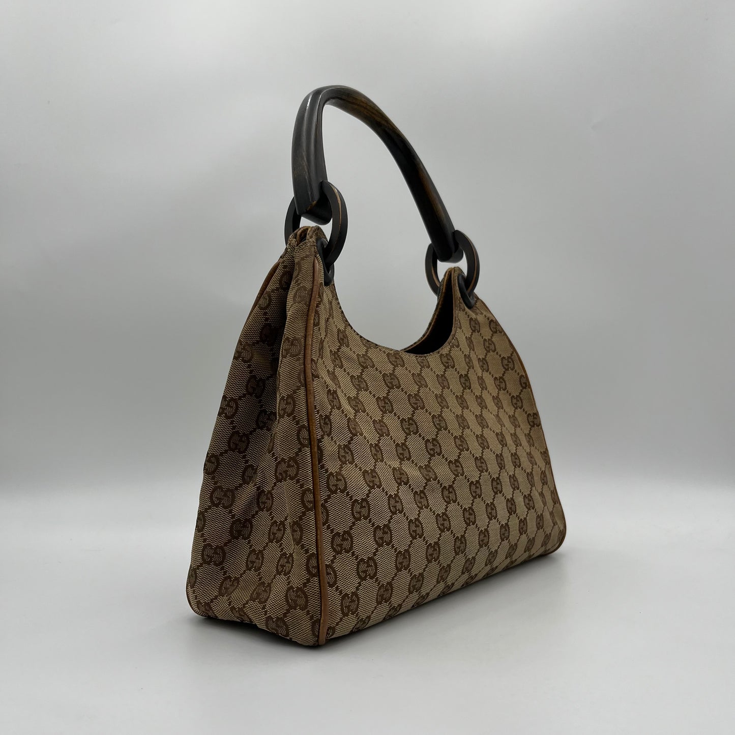 Gucci Brown Monogram Canvas Wood Handle Hobo Bag