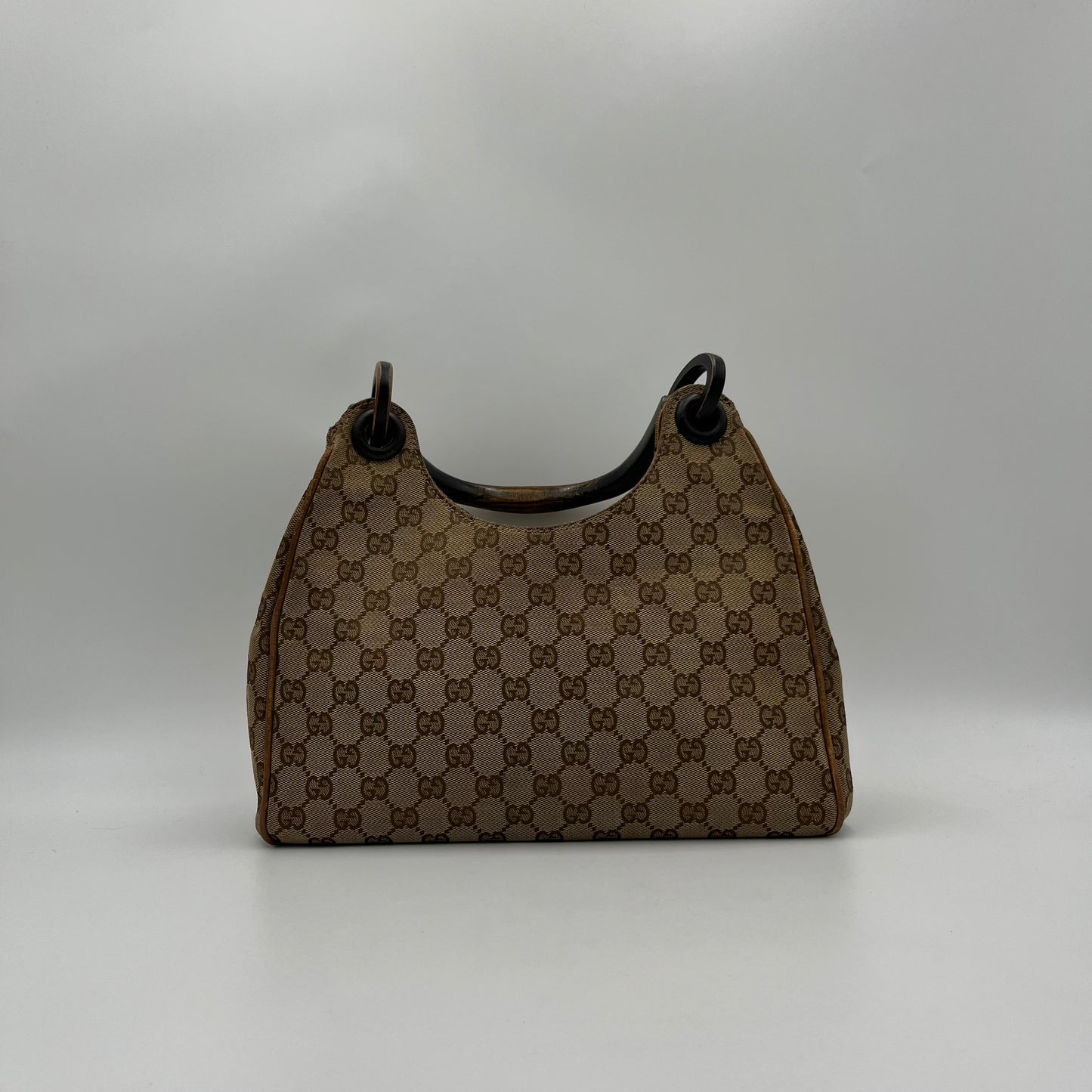 Gucci Brown Monogram Canvas Wood Handle Hobo Bag