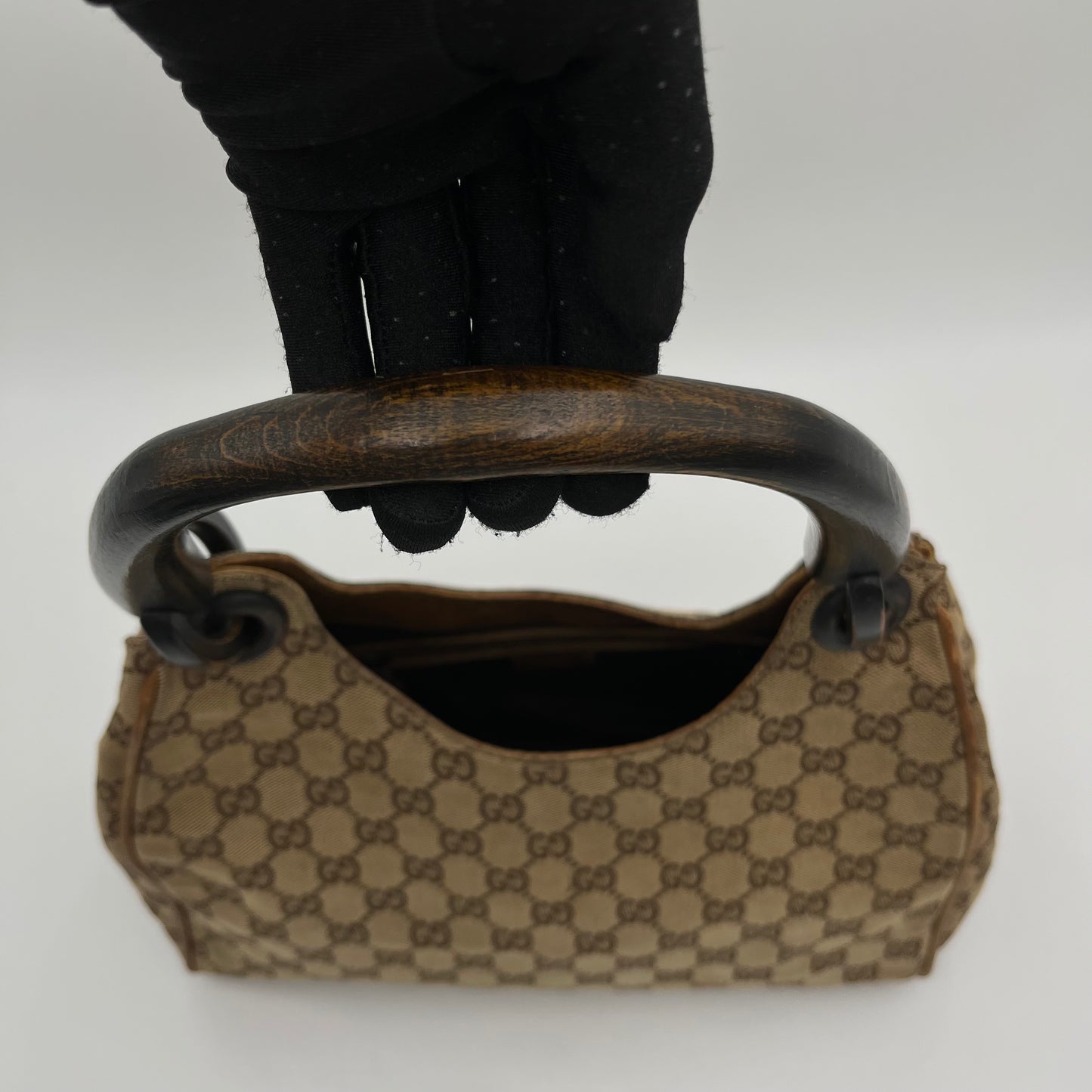 Gucci Brown Monogram Canvas Wood Handle Hobo Bag