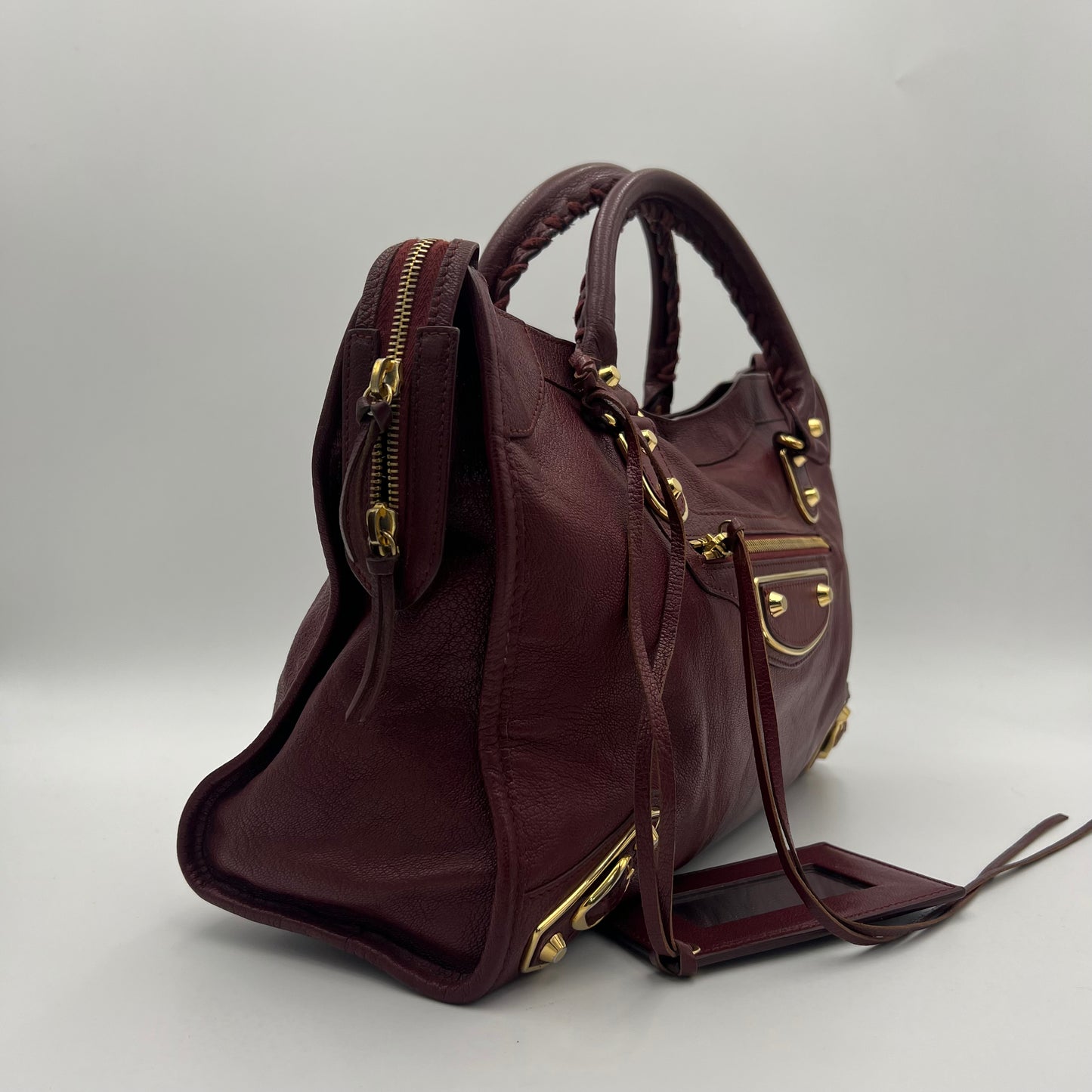 Balenciaga Burgundy Leather Metallic Edge City Bag