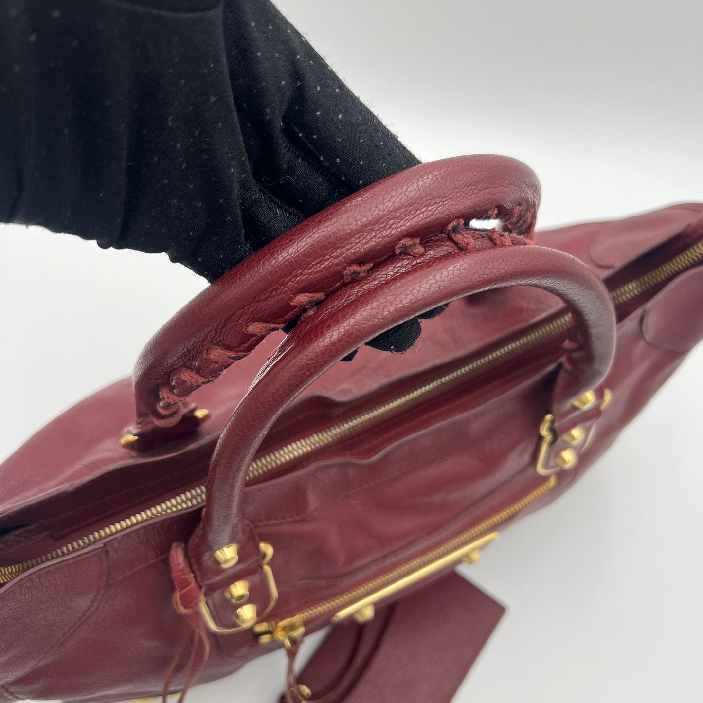 Balenciaga Burgundy Leather Metallic Edge City Bag