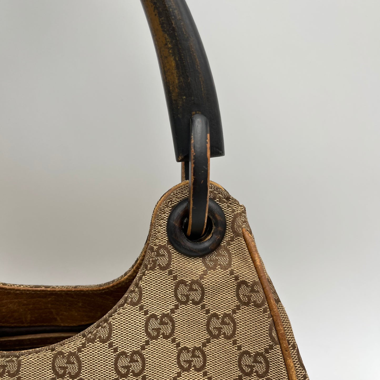 Gucci Brown Monogram Canvas Wood Handle Hobo Bag