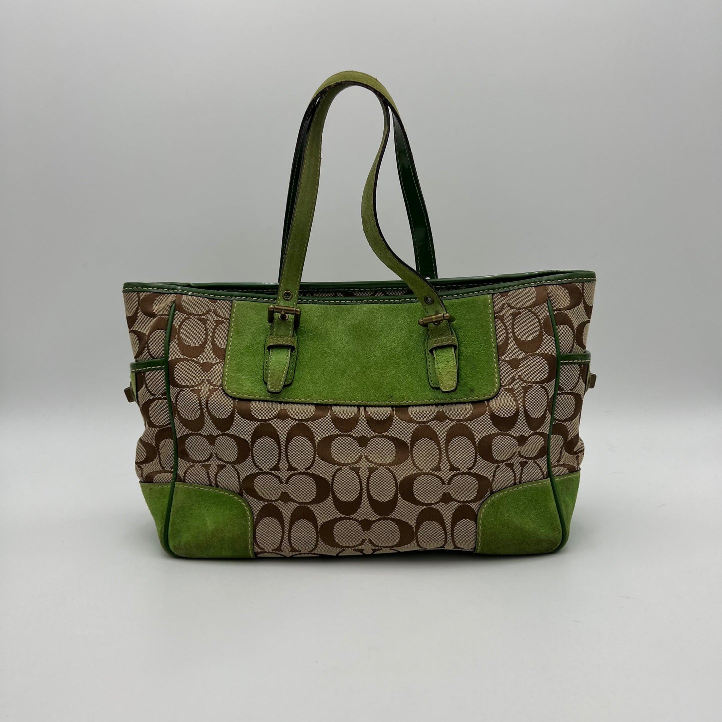 Coach Signature Canvas Green Suede Tote