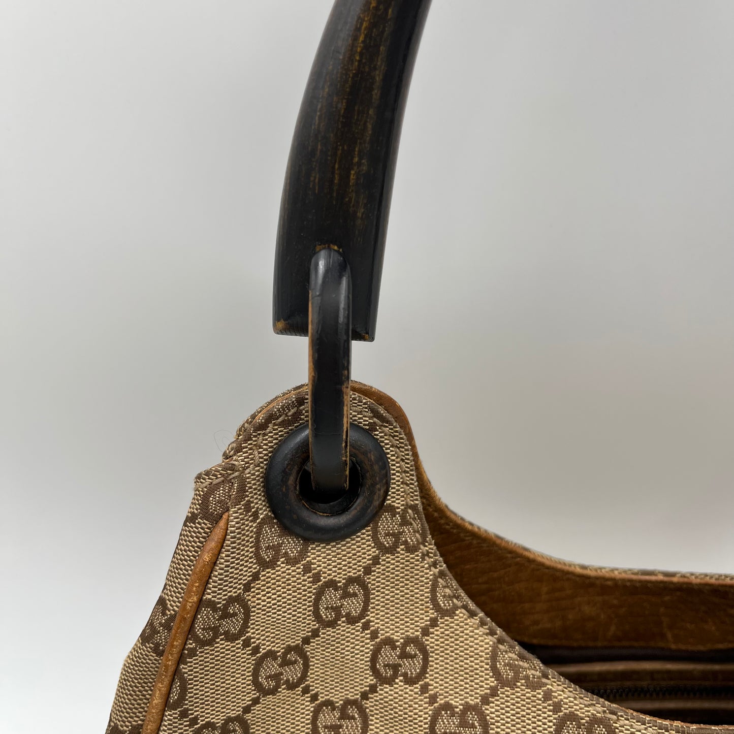 Gucci Brown Monogram Canvas Wood Handle Hobo Bag