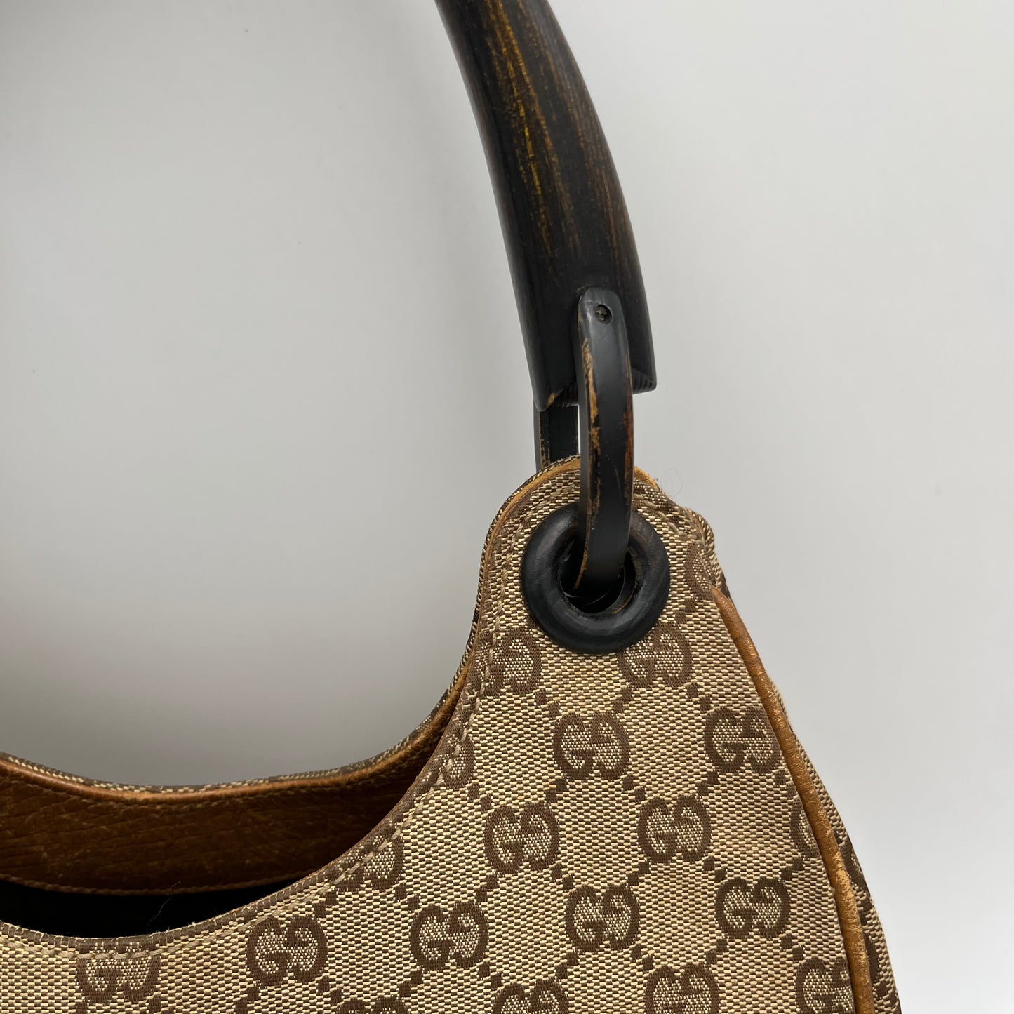 Gucci Brown Monogram Canvas Wood Handle Hobo Bag