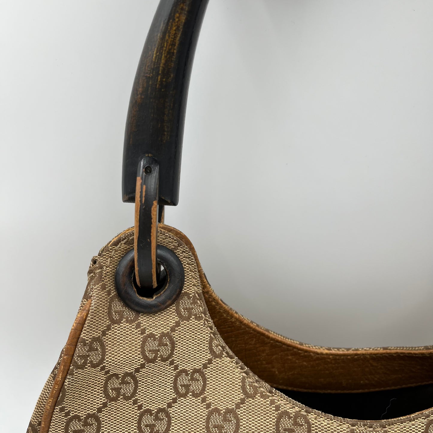 Gucci Brown Monogram Canvas Wood Handle Hobo Bag