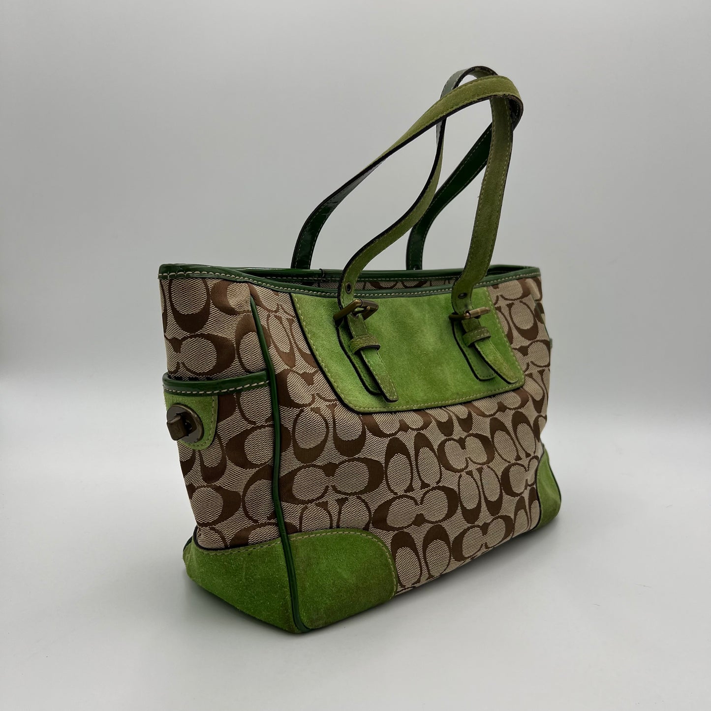 Coach Signature Canvas Green Suede Tote