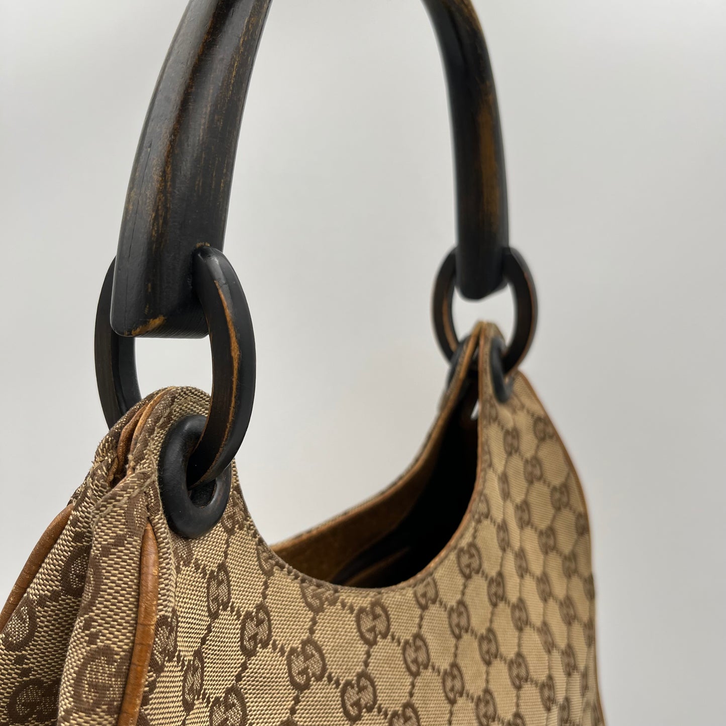 Gucci Brown Monogram Canvas Wood Handle Hobo Bag