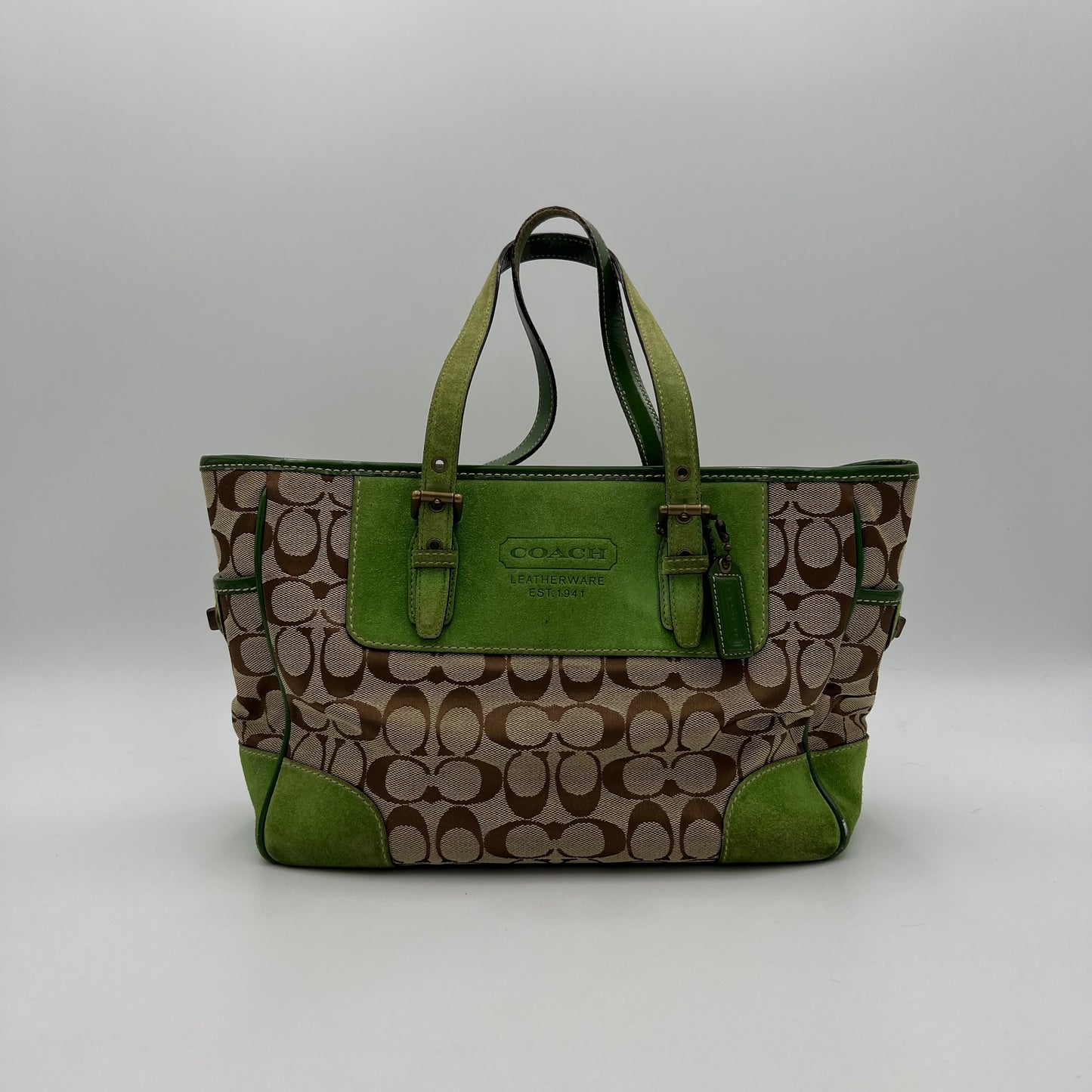 Coach Signature Canvas Green Suede Tote