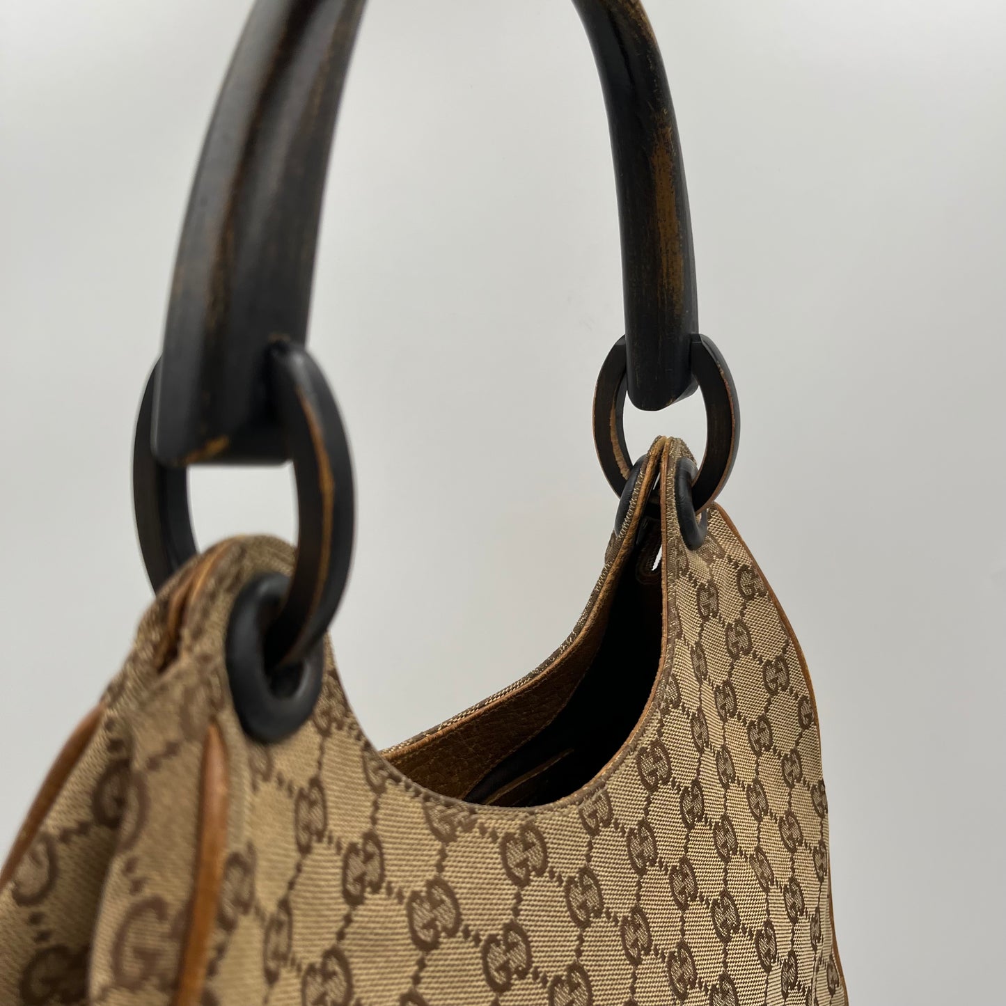 Gucci Brown Monogram Canvas Wood Handle Hobo Bag