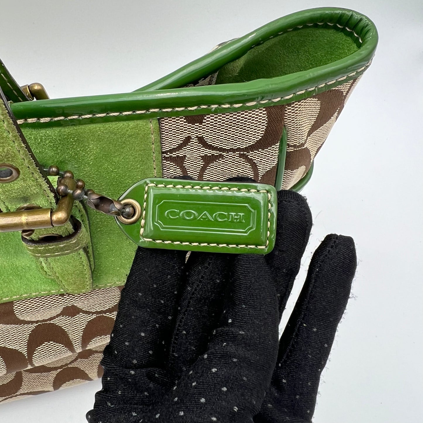 Coach Signature Canvas Green Suede Tote