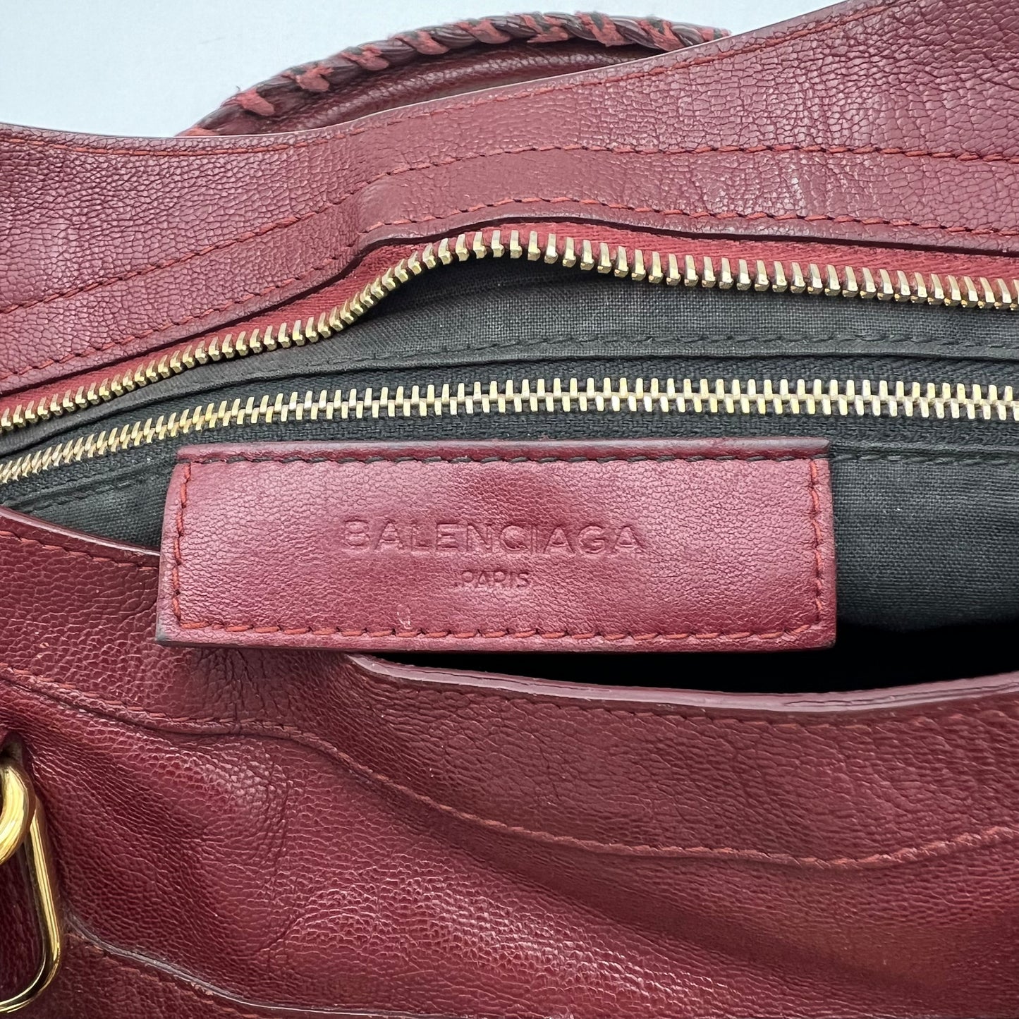 Balenciaga Burgundy Leather Metallic Edge City Bag