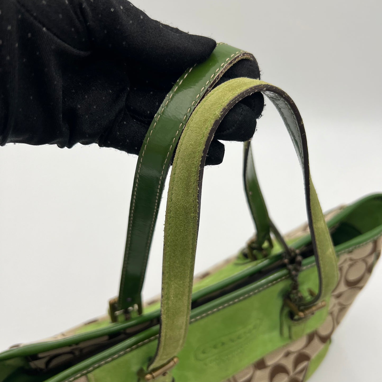 Coach Signature Canvas Green Suede Tote