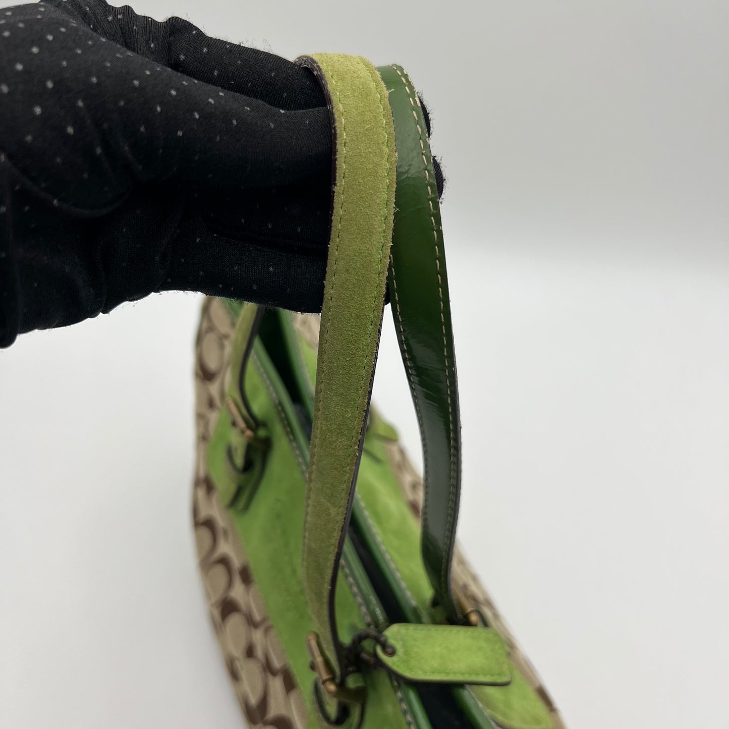 Coach Signature Canvas Green Suede Tote