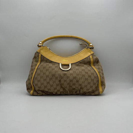Gucci Monogram Canvas Yellow Leather Abbey D-Ring Hobo Shoulder Bag