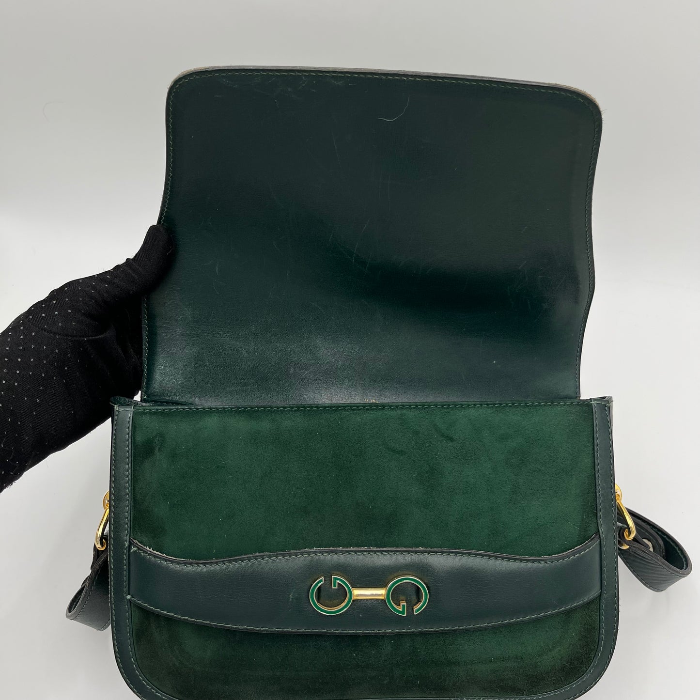 Gucci Vintage Green Suede and Leather Flap Box Shoulder Bag