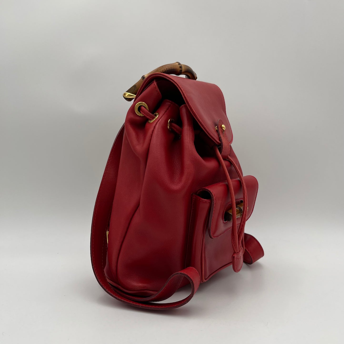 Gucci Red Leather Bamboo Top Handle Drawstring Mini Backpack