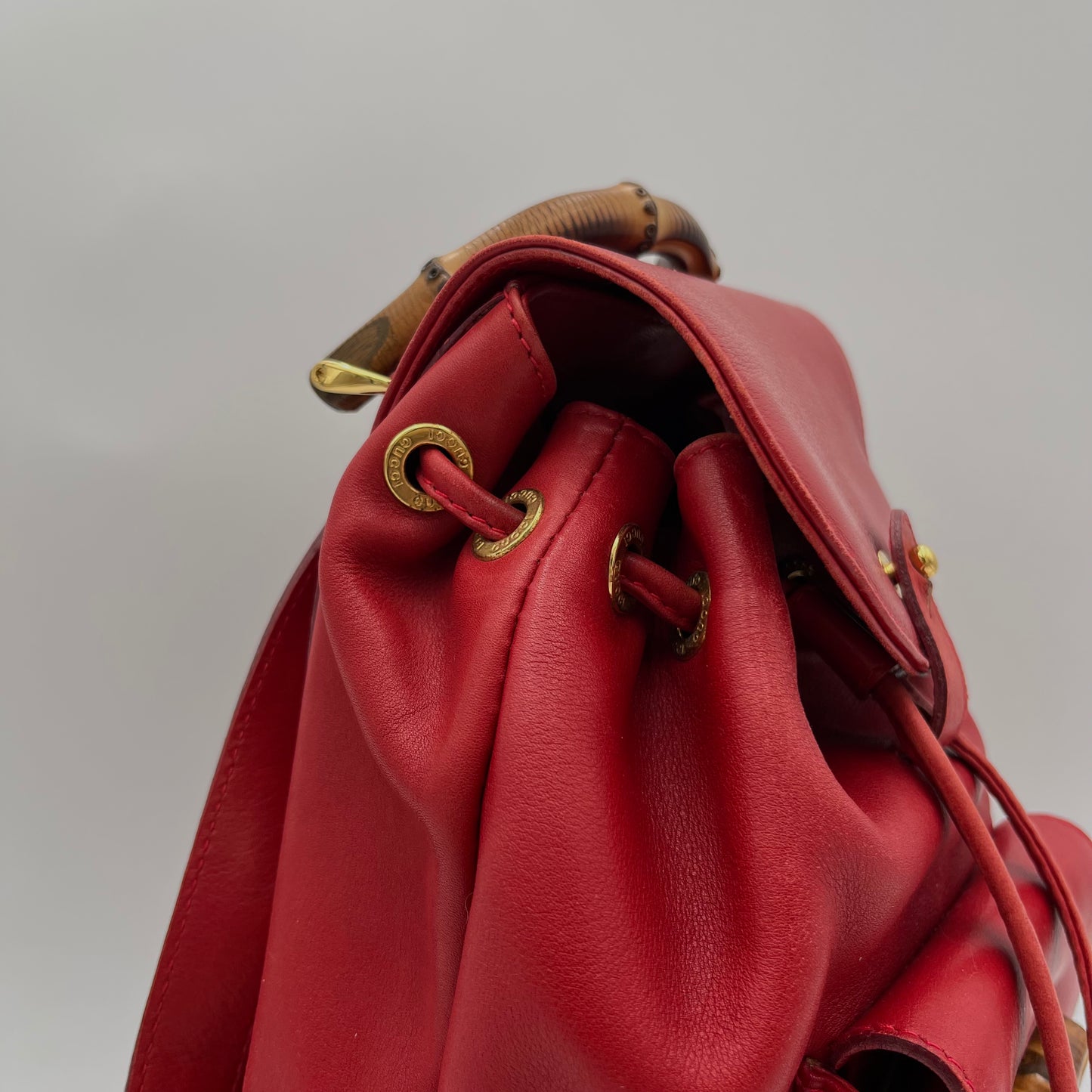 Gucci Red Leather Bamboo Top Handle Drawstring Mini Backpack