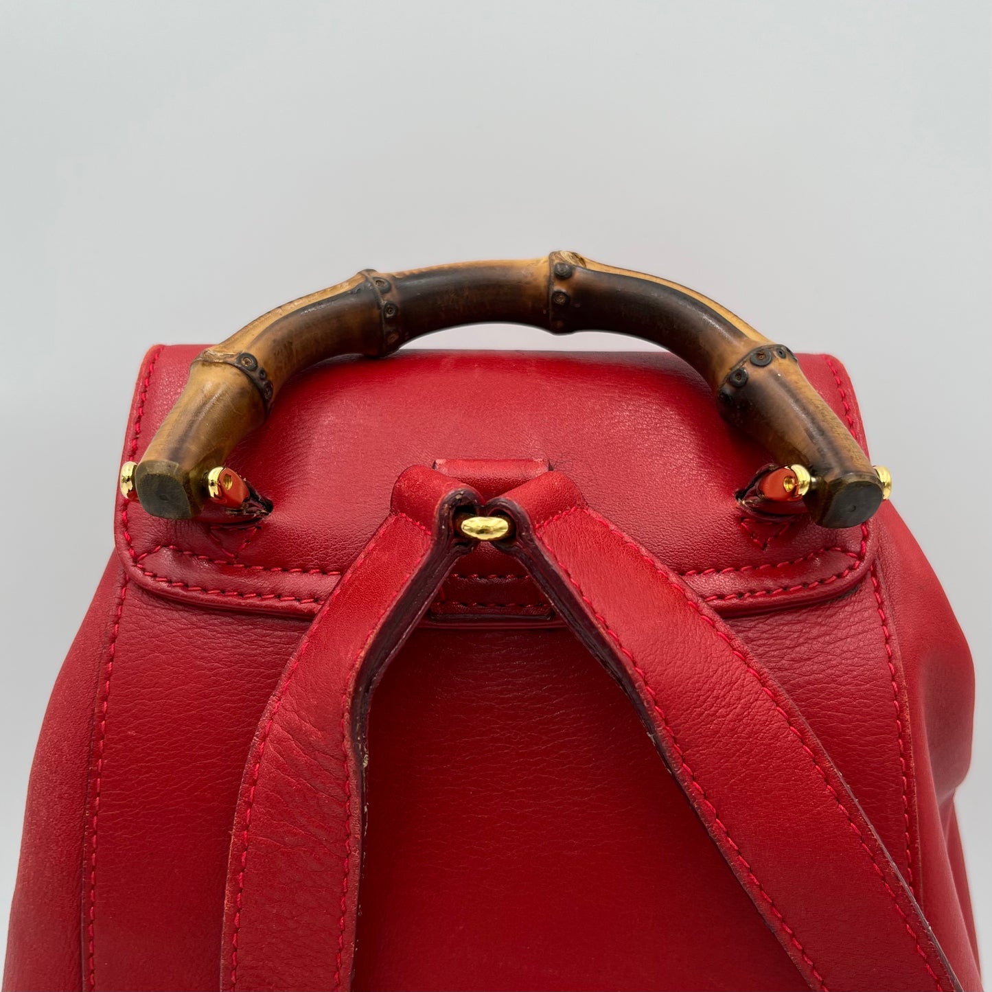 Gucci Red Leather Bamboo Top Handle Drawstring Mini Backpack