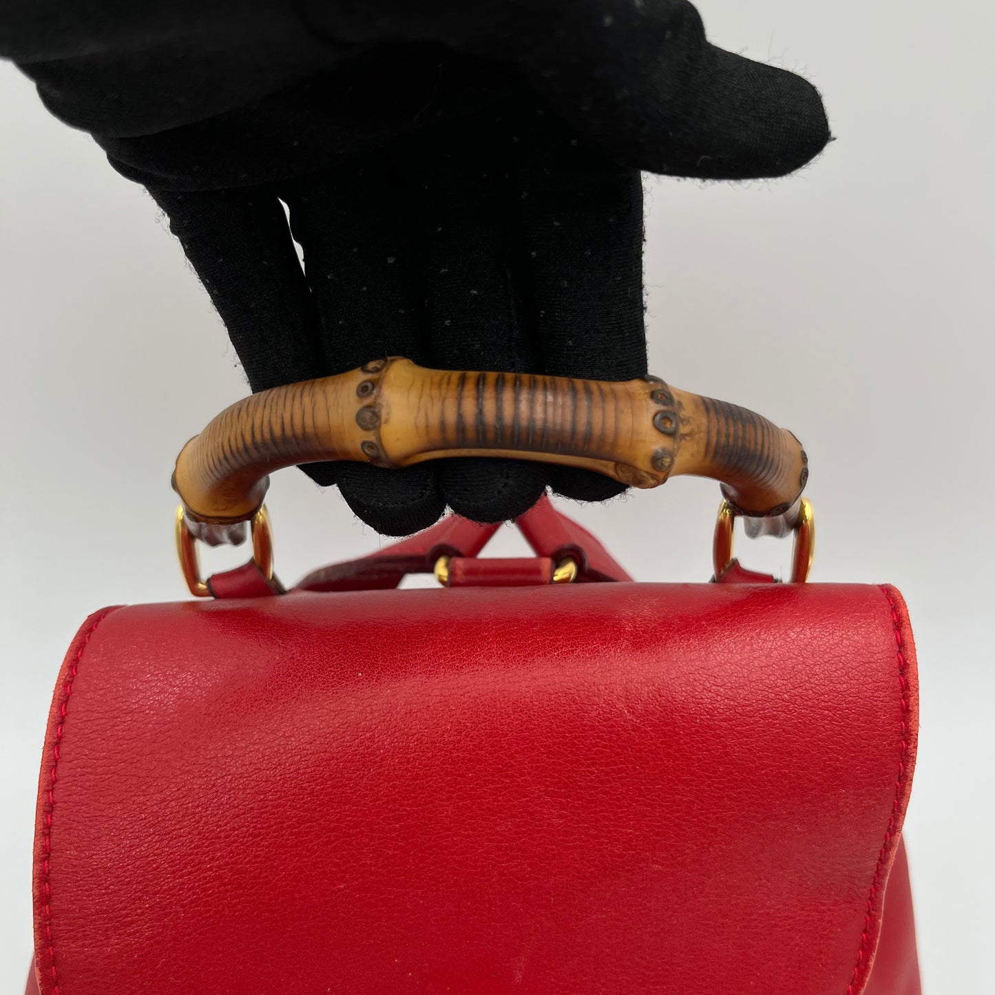 Gucci Red Leather Bamboo Top Handle Drawstring Mini Backpack