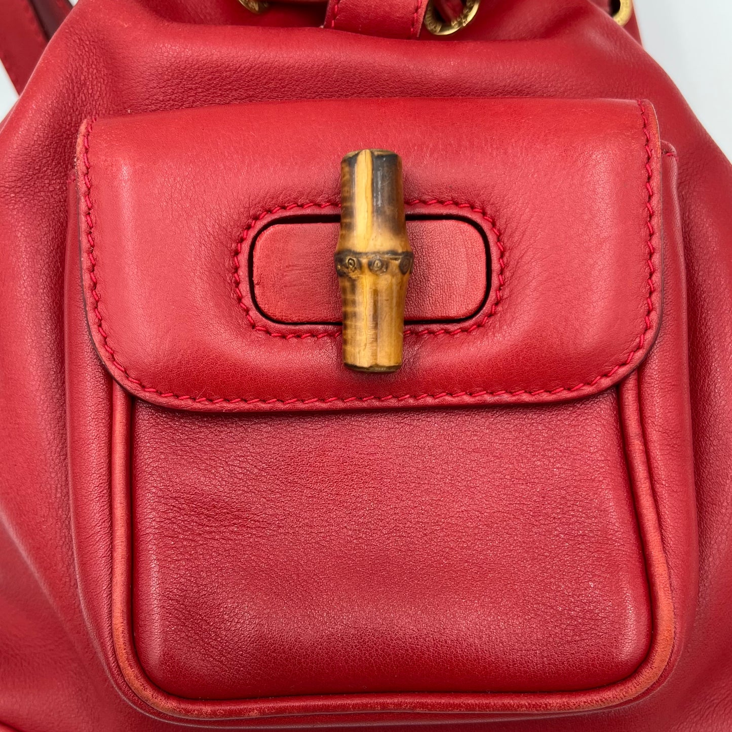 Gucci Red Leather Bamboo Top Handle Drawstring Mini Backpack