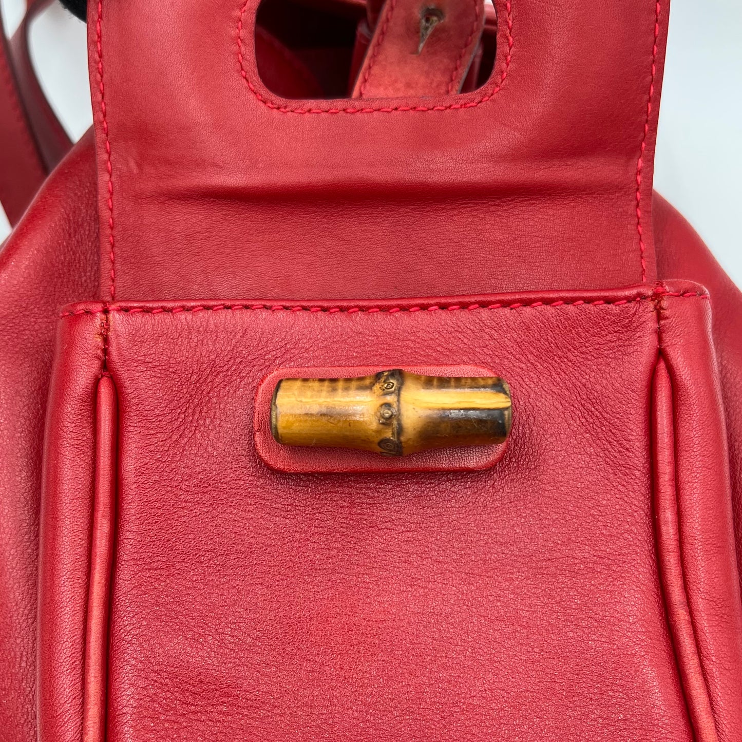 Gucci Red Leather Bamboo Top Handle Drawstring Mini Backpack