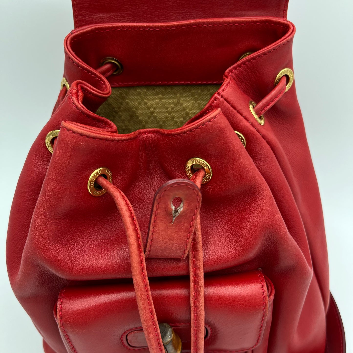 Gucci Red Leather Bamboo Top Handle Drawstring Mini Backpack
