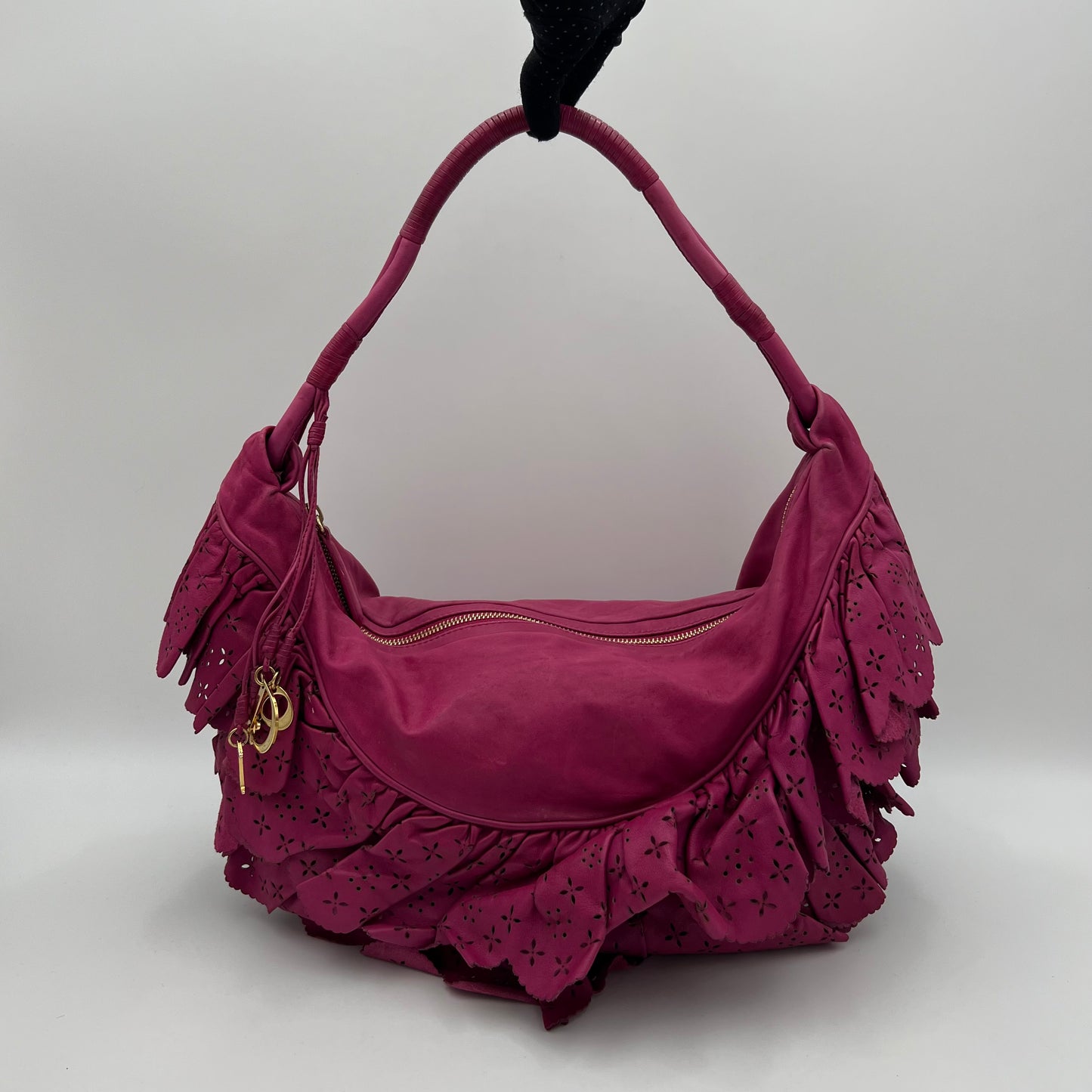 Christian Dior Pink Leather Gypsy Ruffle Hobo Shoulder Bag