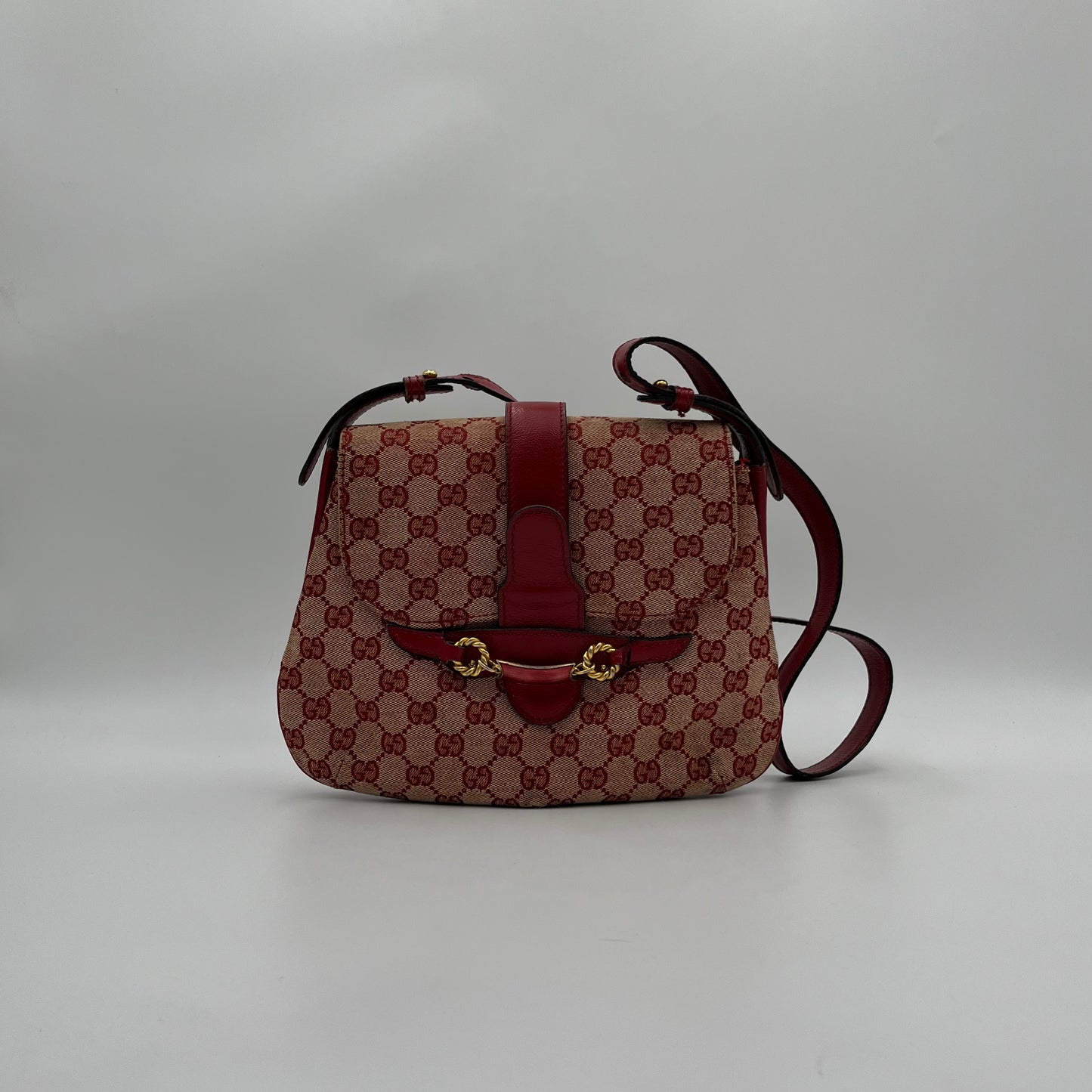 Gucci 1970s Red Monogram Canvas and Leather Horsebit Flap Shoulder Bag