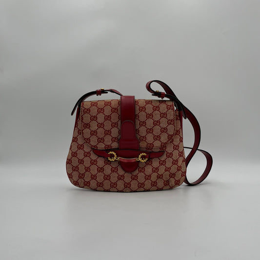 Gucci 1970s Red Monogram Canvas and Leather Horsebit Flap Shoulder Bag