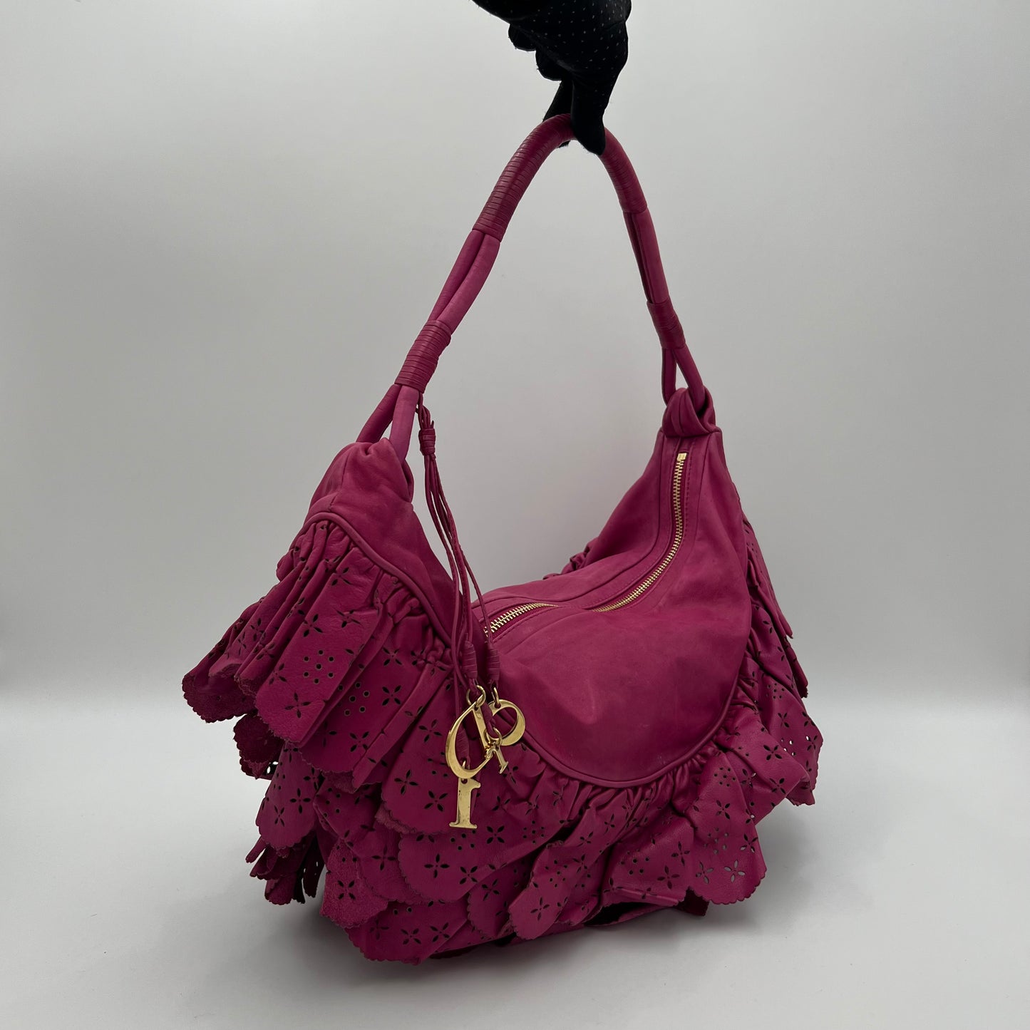 Christian Dior Pink Leather Gypsy Ruffle Hobo Shoulder Bag