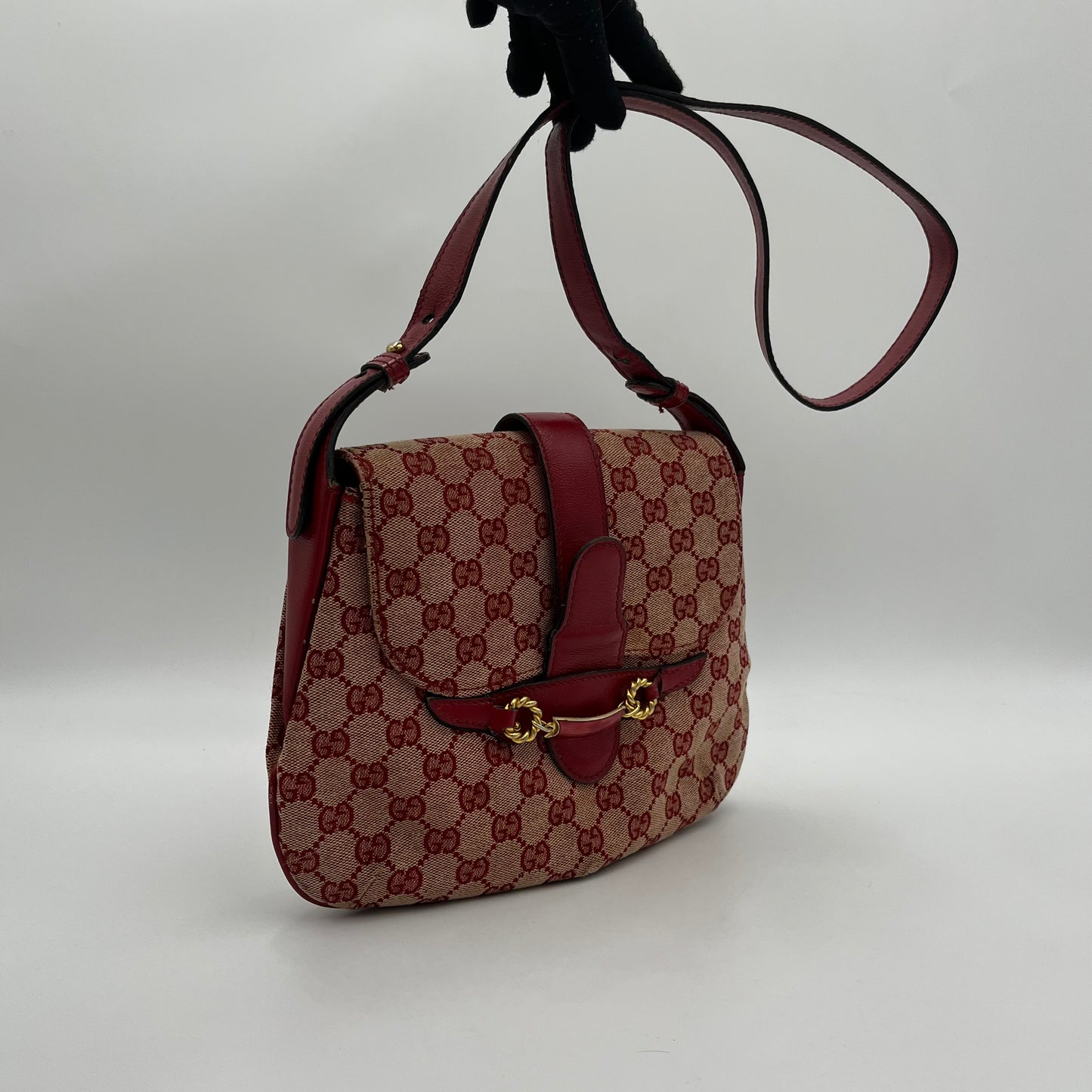 Gucci 1970s Red Monogram Canvas and Leather Horsebit Flap Shoulder Bag