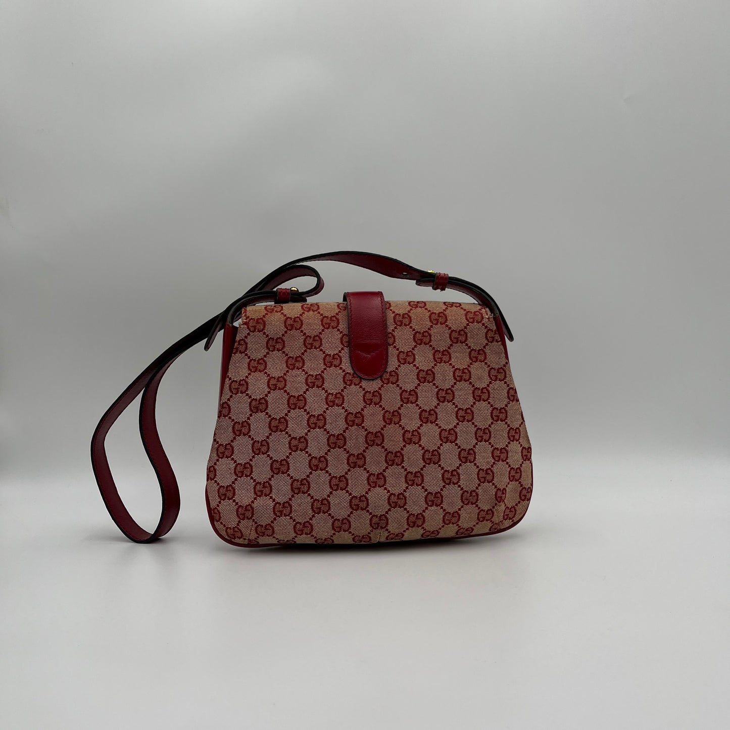 Gucci 1970s Red Monogram Canvas and Leather Horsebit Flap Shoulder Bag