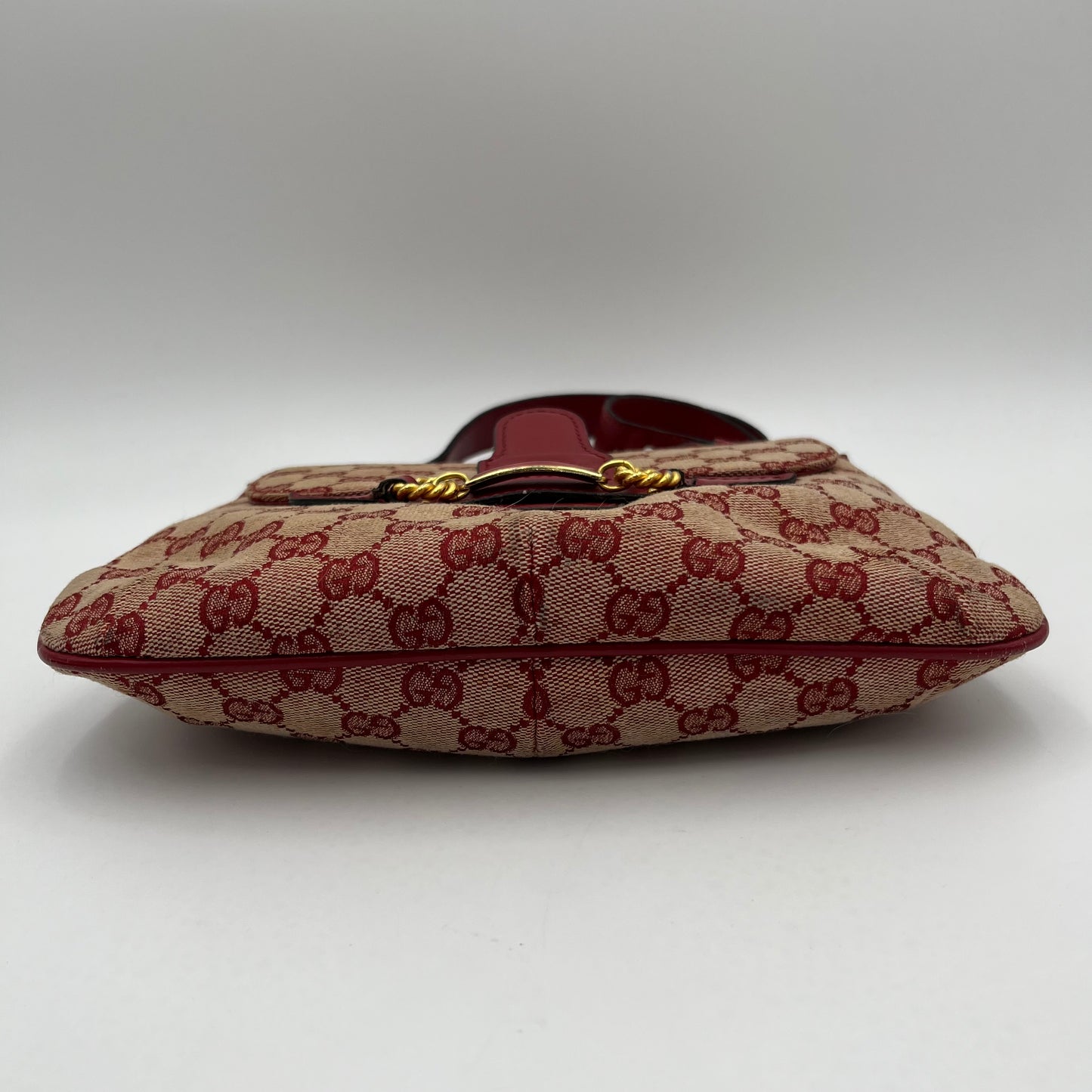 Gucci 1970s Red Monogram Canvas and Leather Horsebit Flap Shoulder Bag