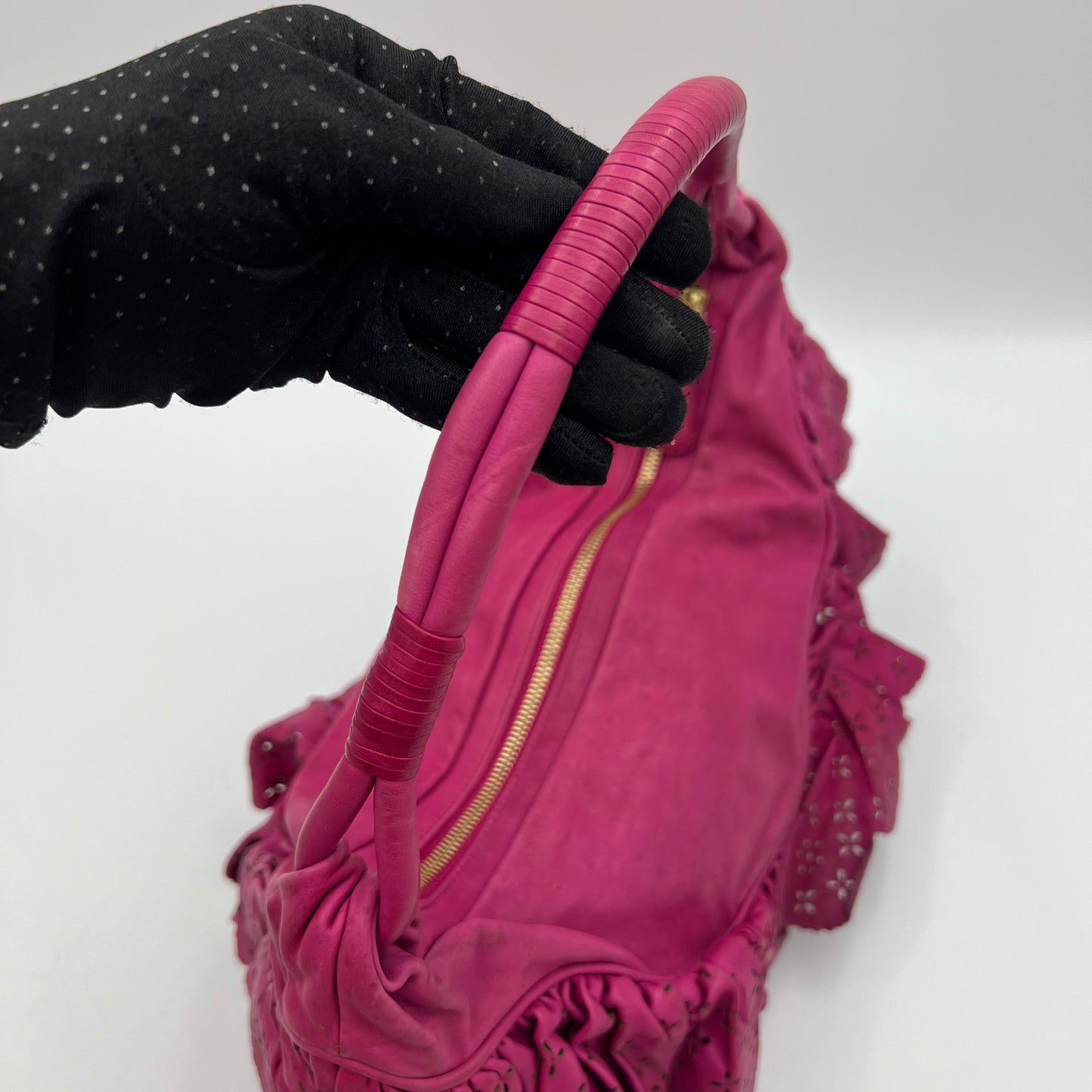 Christian Dior Pink Leather Gypsy Ruffle Hobo Shoulder Bag