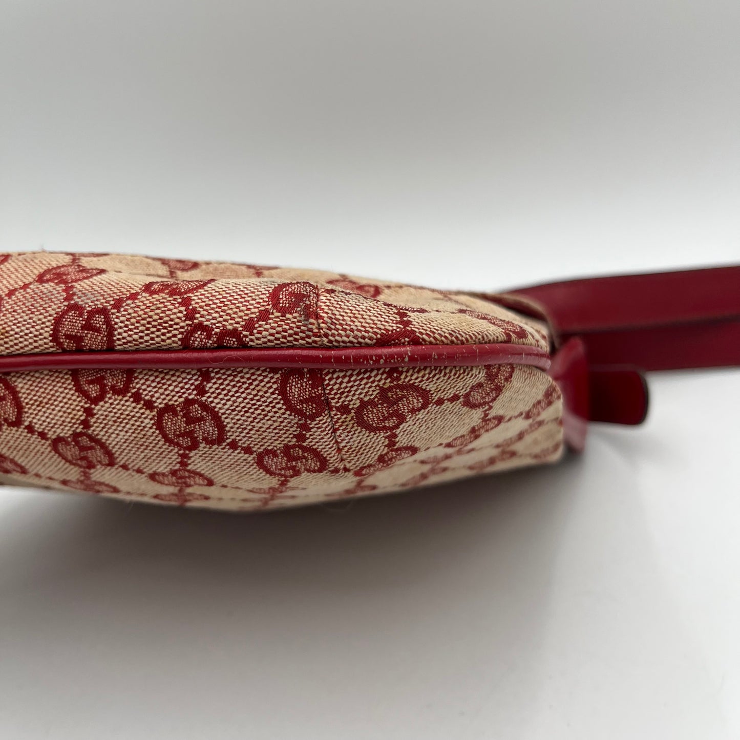 Gucci 1970s Red Monogram Canvas and Leather Horsebit Flap Shoulder Bag
