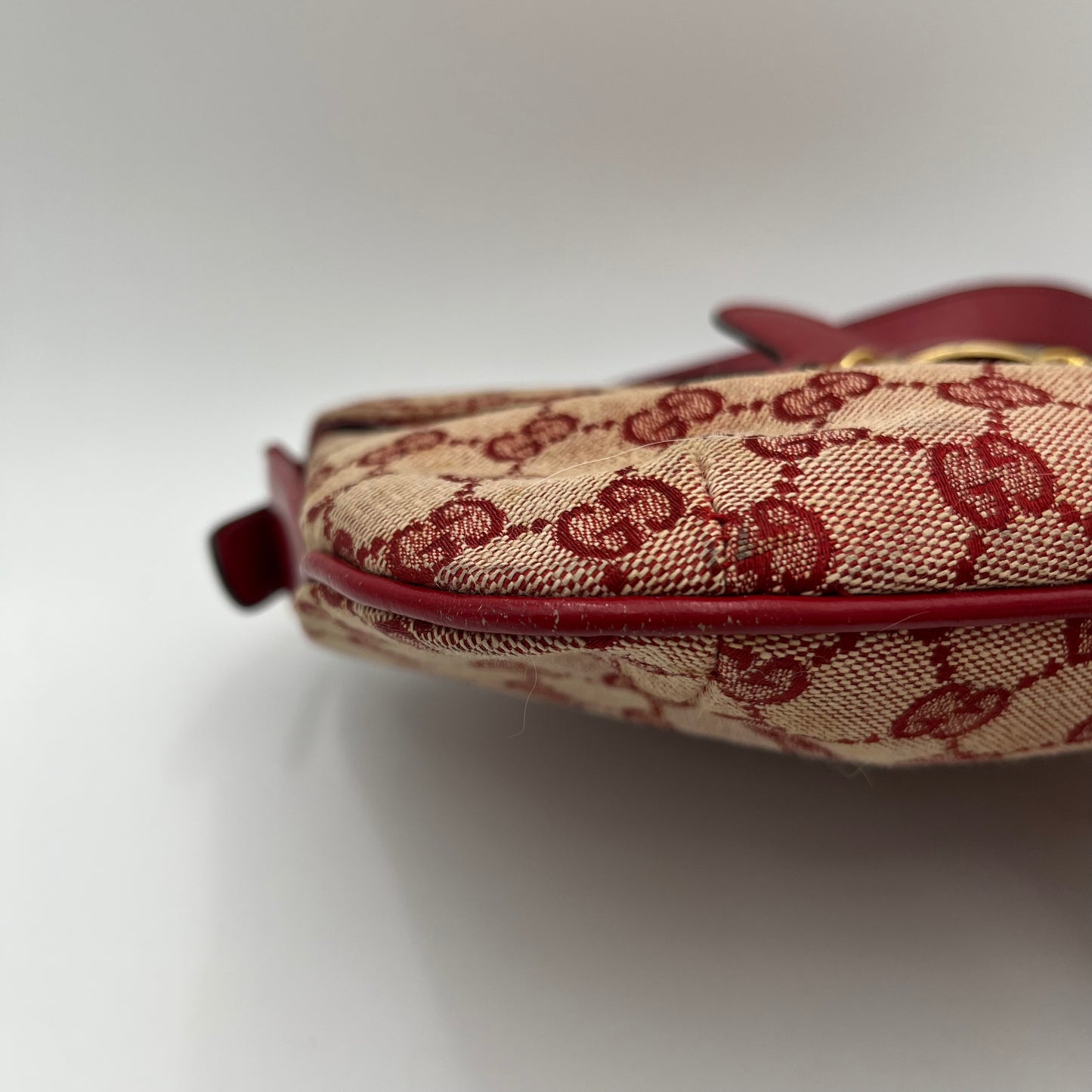 Gucci 1970s Red Monogram Canvas and Leather Horsebit Flap Shoulder Bag