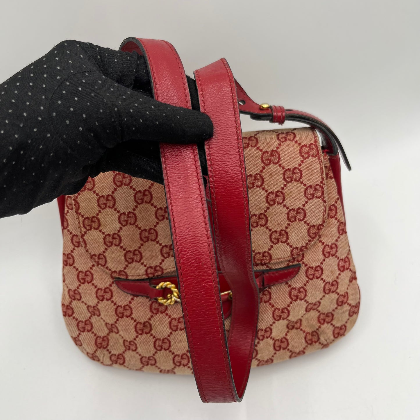 Gucci 1970s Red Monogram Canvas and Leather Horsebit Flap Shoulder Bag