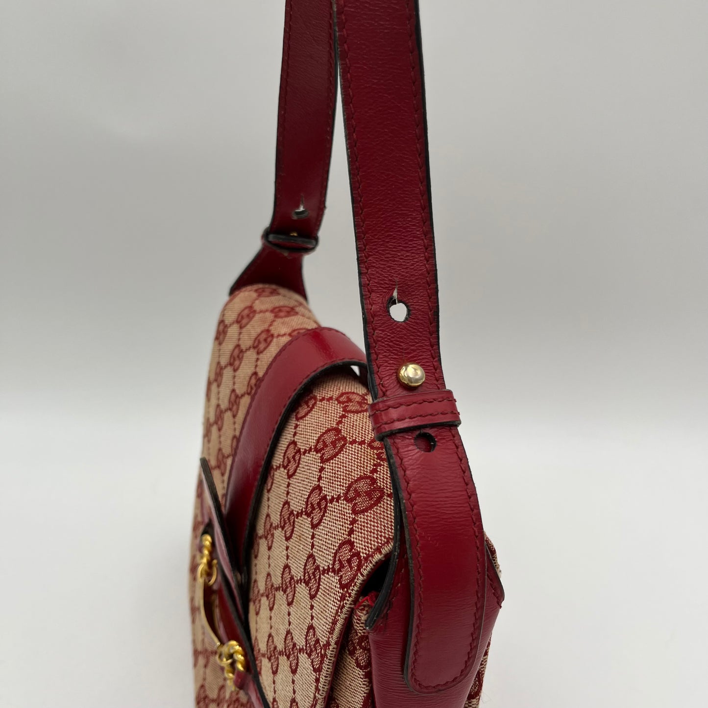Gucci 1970s Red Monogram Canvas and Leather Horsebit Flap Shoulder Bag