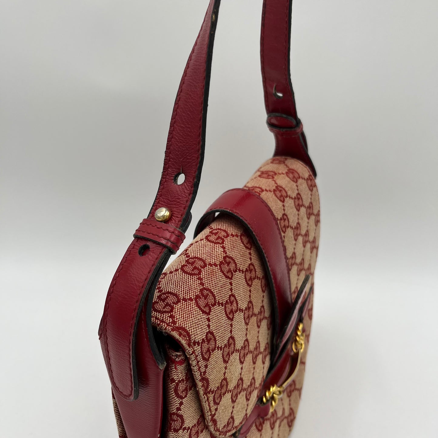 Gucci 1970s Red Monogram Canvas and Leather Horsebit Flap Shoulder Bag