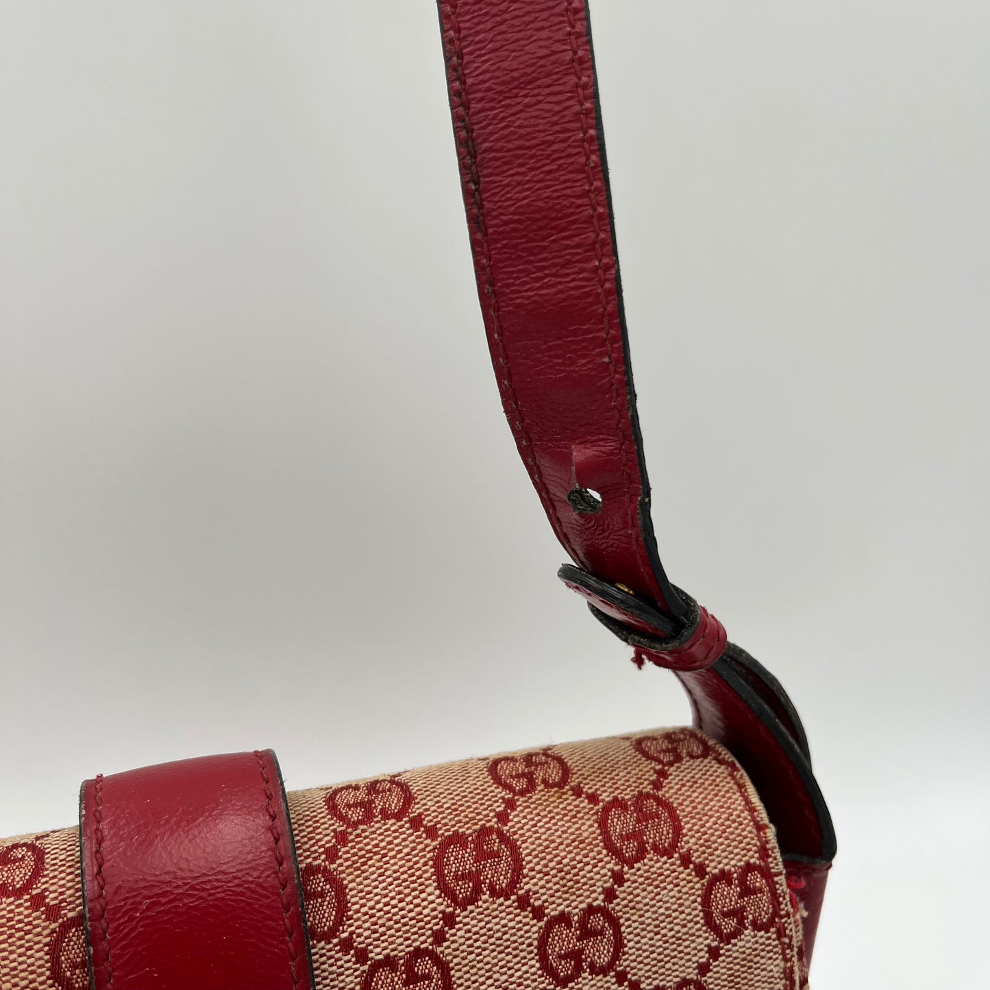 Gucci 1970s Red Monogram Canvas and Leather Horsebit Flap Shoulder Bag
