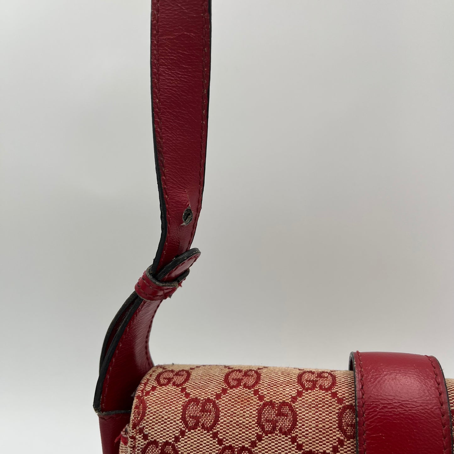 Gucci 1970s Red Monogram Canvas and Leather Horsebit Flap Shoulder Bag