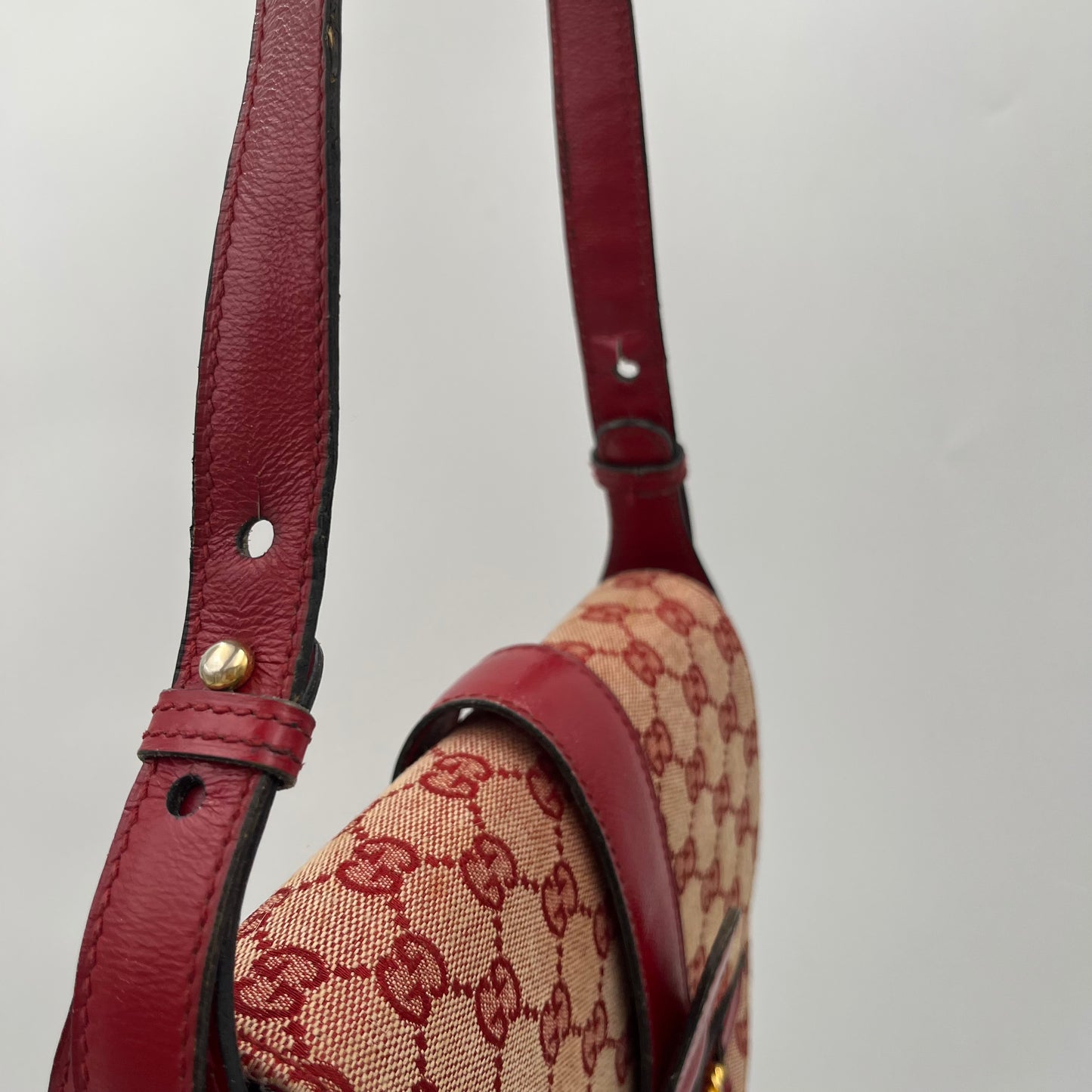 Gucci 1970s Red Monogram Canvas and Leather Horsebit Flap Shoulder Bag