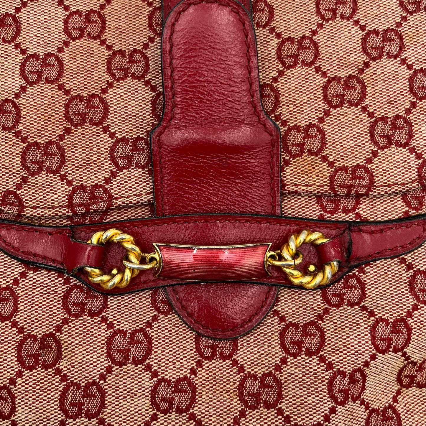 Gucci 1970s Red Monogram Canvas and Leather Horsebit Flap Shoulder Bag