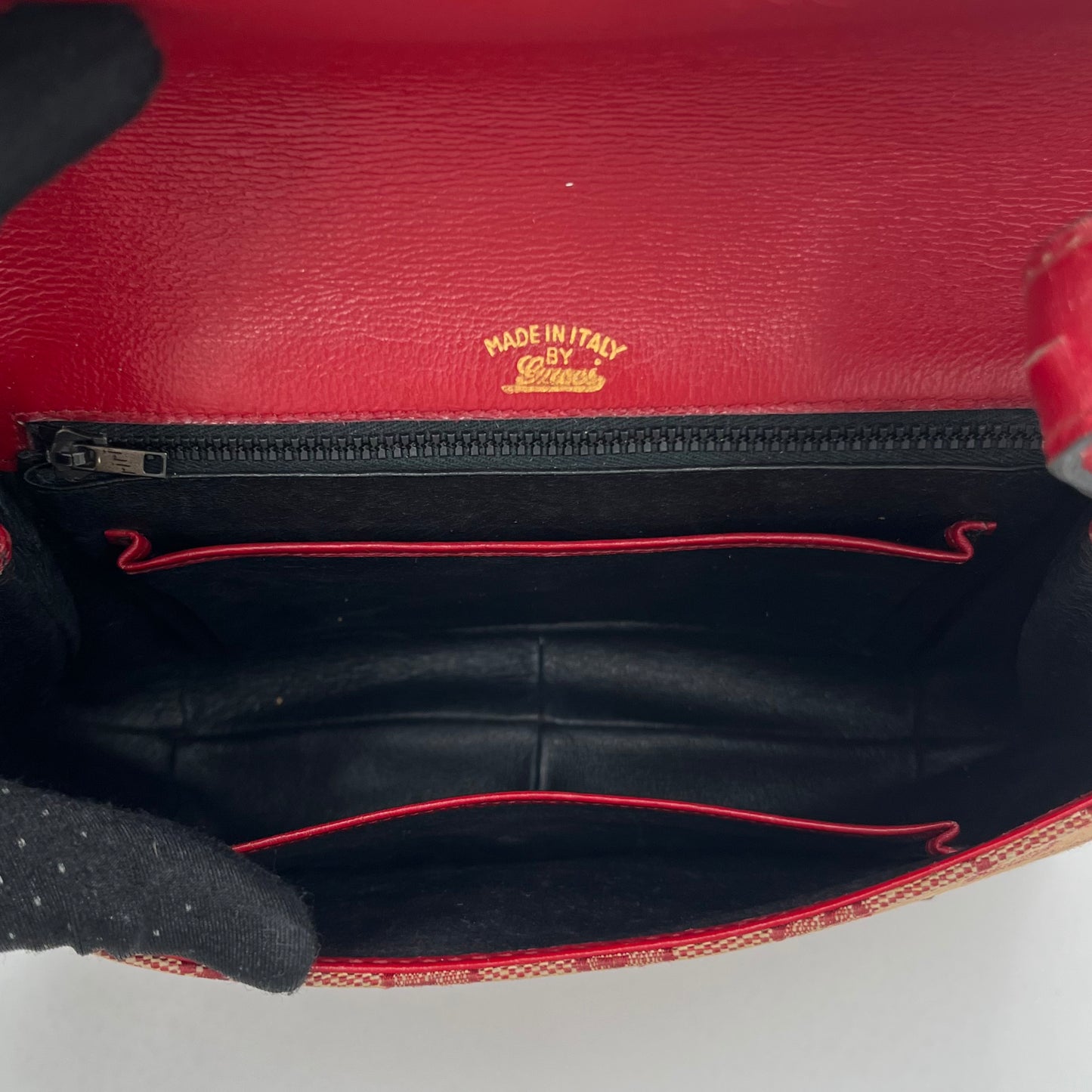 Gucci 1970s Red Monogram Canvas and Leather Horsebit Flap Shoulder Bag