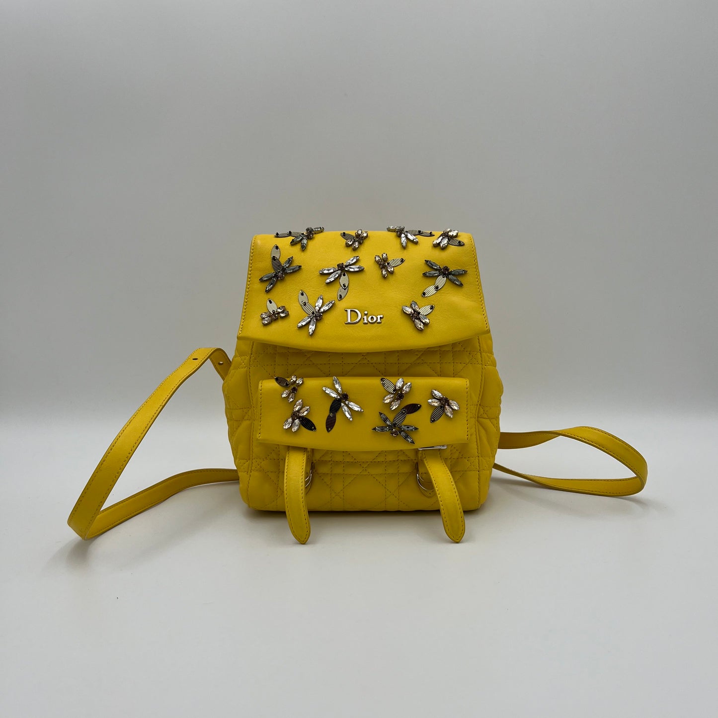 Christian Dior Yellow Lambskin Cannage Crystal Dragonfly Stardust Backpack