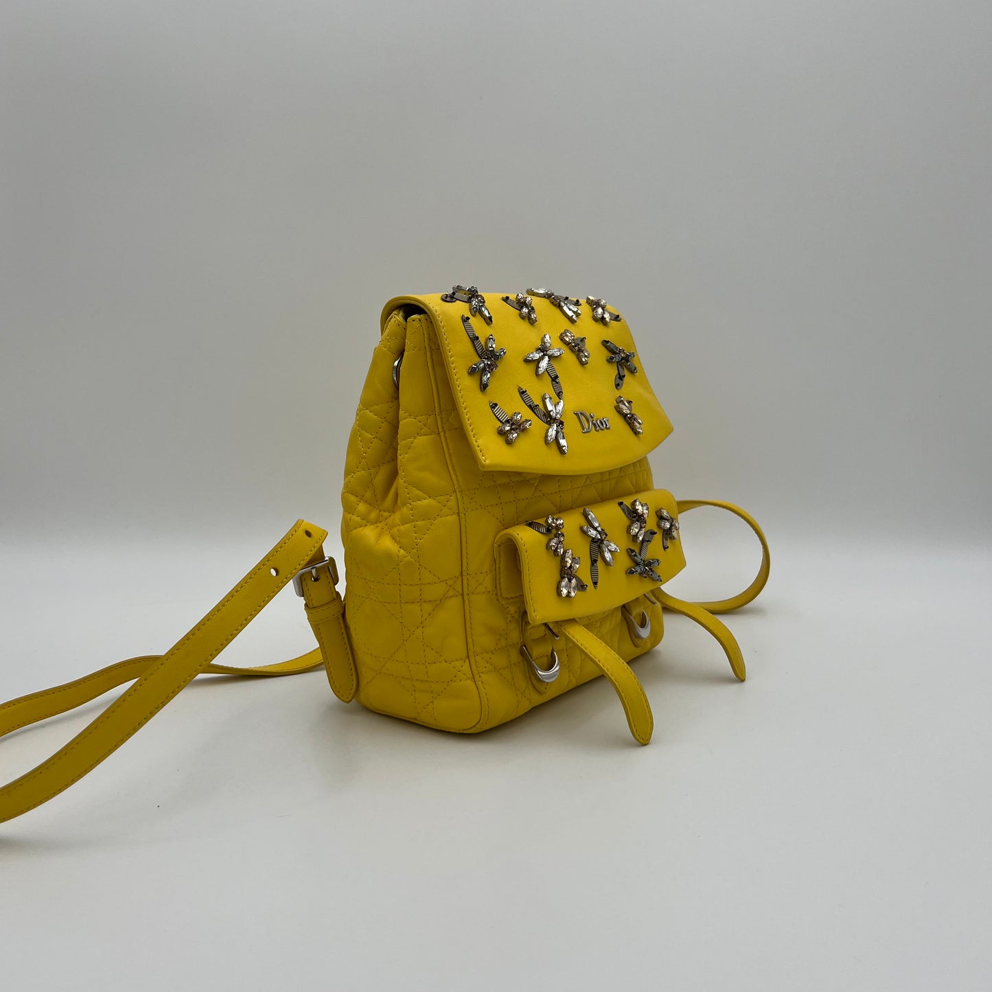 Christian Dior Yellow Lambskin Cannage Crystal Dragonfly Stardust Backpack